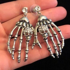Silver Tone Skeleton Hand Earrings